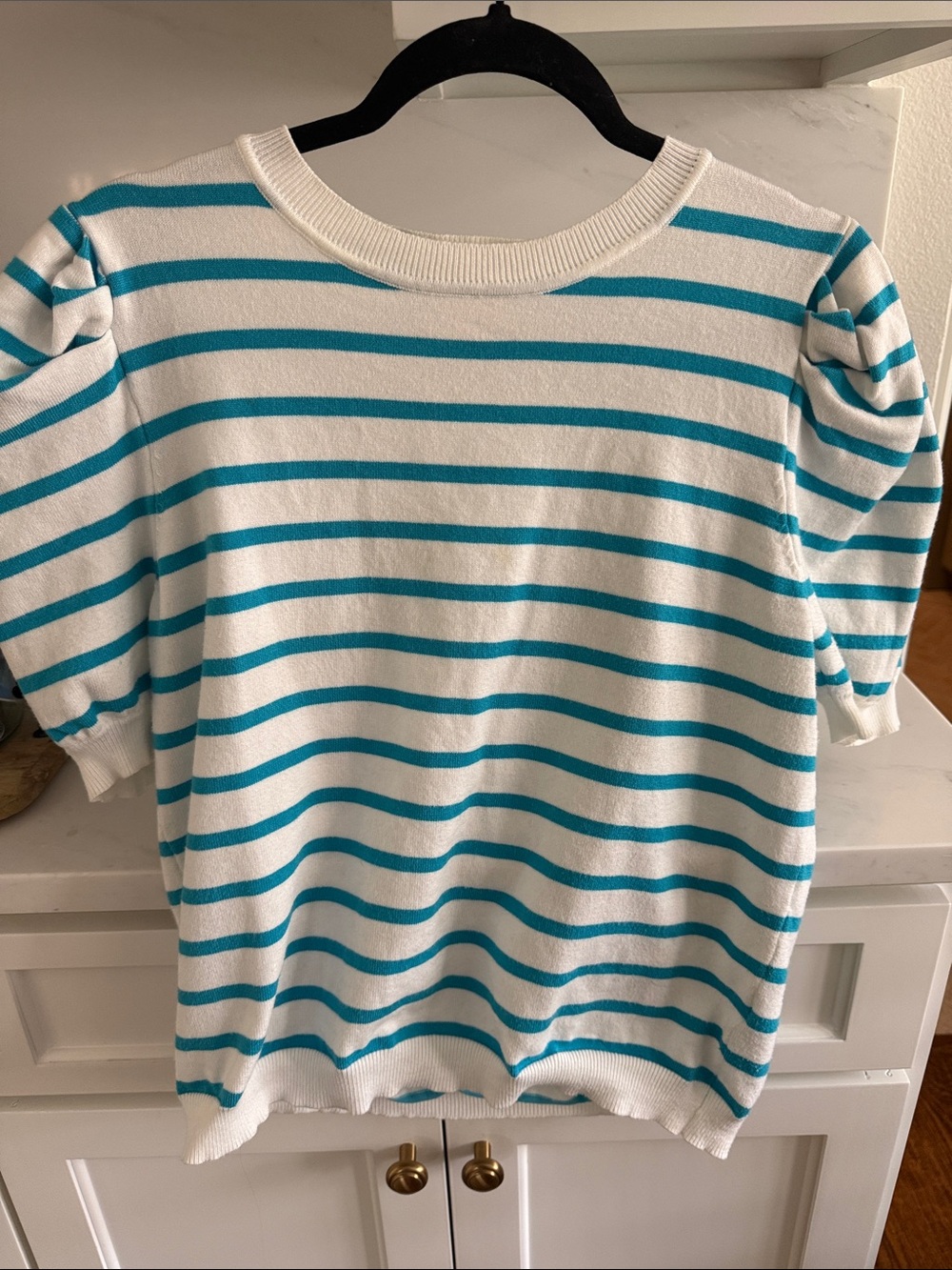 LA MIEL White and Teal Striped Puff‑Sleeve Knit Top
